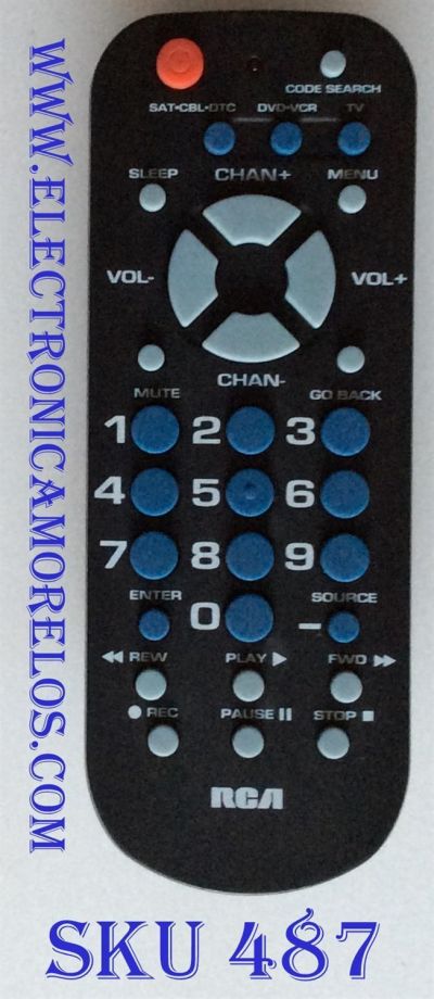 CONTROL REMOTO UNIVERSAL RCA PARA CONSOLIDAR MULTIPLES CONTROLES HASTA 3 DISPOSITIVOS Y ES COMPATIBLE CON LAS MARCAS MAS POPULARES DE TELEVISORES / RECEPTORES DE SATELITE/CABLE/DTC / REPRODUCTORES DE DVD/VCR / NUMERO DE PARTE RCR503BR / RCR503BZ / RCR50BE